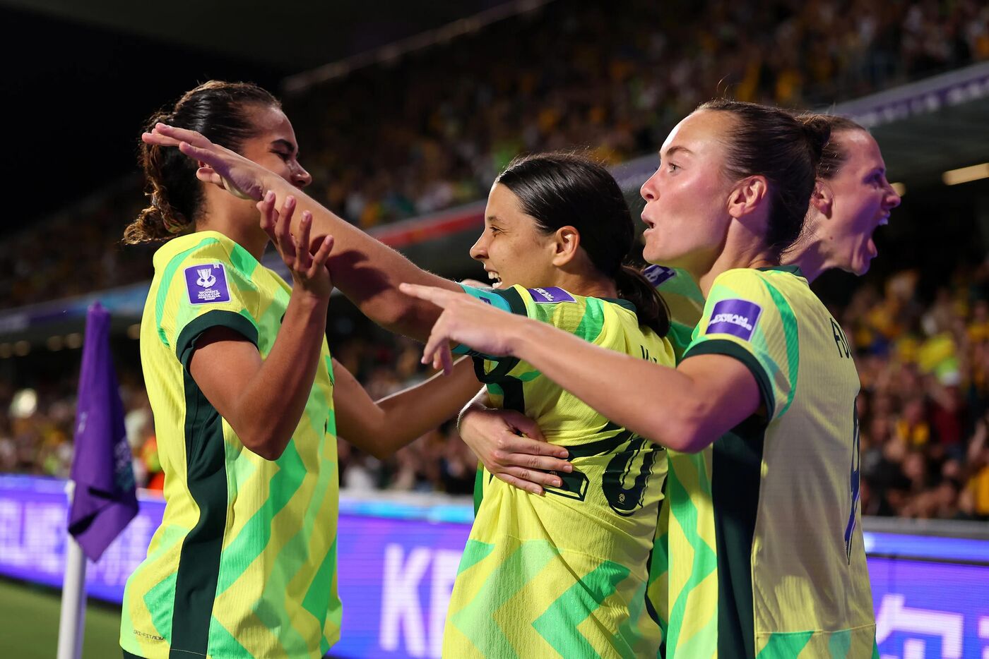 Sam Kerr comemora o gol, contra Coreia do Norte.