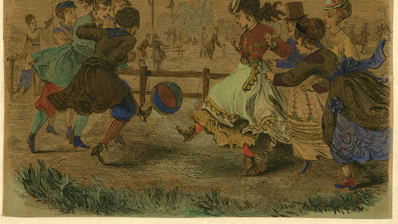 The Girls of the Period Playing Ball, gravura colorida publicada na Harper's Bazar em 1869, com mulheres de traje vitoriano disputando uma bola num parque