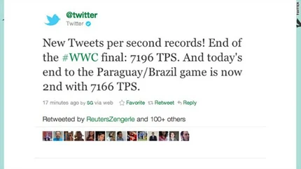 Captura do tweet da conta @twitter em 17 de julho de 2011: New Tweets per second records! End of the #WWC final: 7196 TPS