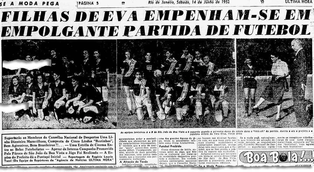Página do jornal Última Hora de 14 de junho de 1952 com a manchete Filhas de Eva empenham-se em empolgante partida de futebol e fotografias das duas equipes femininas perfiladas