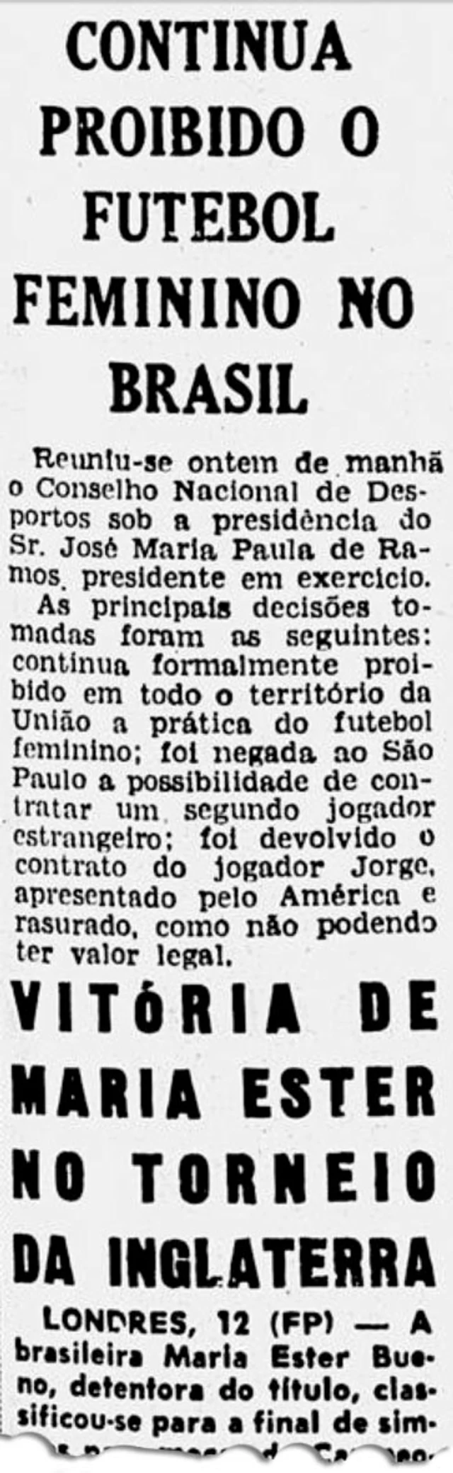 Notas do jornal Última Hora de 1959 tratando da proibição do futebol feminino no Brasil