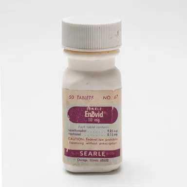 Frasco original do Enovid, o primeiro contraceptivo oral