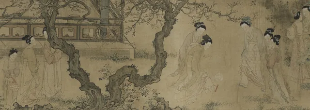 Damas da corte num jardim, uma delas curvada com a bola junto ao pé, em pintura de Du Jin