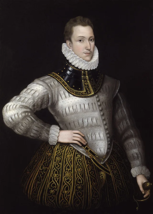 Retrato de Philip Sidney, de gola de renda e gibão claro, com a mão na cintura