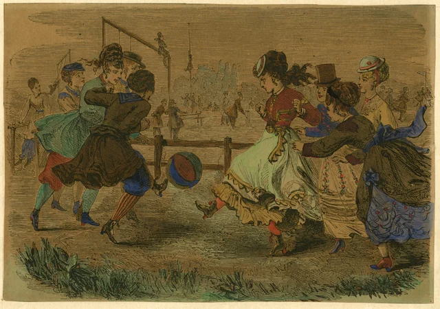 The Girls of the Period Playing Ball, gravura colorida da Harper’s Bazar, 1869