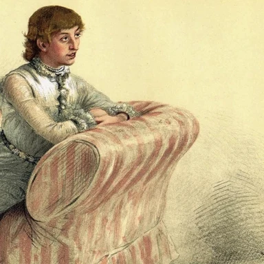 Lady Florence Dixie sentada de perfil num sofá listrado, com um chapéu de palha ao lado, caricatura da Vanity Fair de 1884